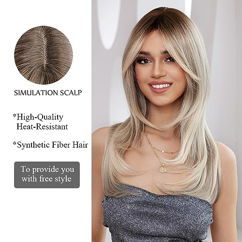 OUFEI Long Straight Ombre Blonde Layered Natural Wigs for Women Natural Synthetic Hair Heat Resistant Wigs for Daily Party Cosplay Wear - Image 3