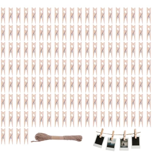 150 Mini Pinzas de Madera Natural (3,5 cm) con Cuerda de Yute de 10 m, para Colgar Fotos, Postales, Ropa y para Decoraciones de Bricolaje, pequeñas Pinzas para Colgar Fotos, de Ropa de Madera