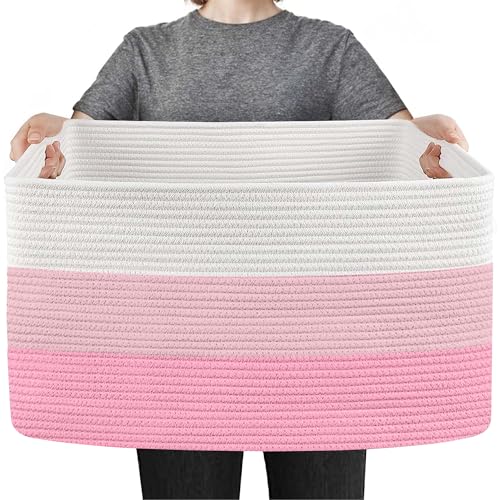 Image of MEGASKET Large Pink Baskets for Organizing, 23.6" x 15.7" x 14.1" Rectangle Woven Cotton Rope Baskets, Blanket Holder, Soft Wicker Toy Bin with Handles, Baby Nursery Storage, Pink Room Decor Basket