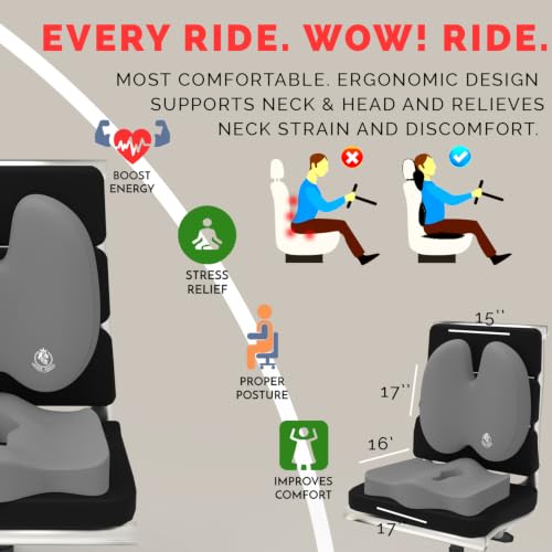 Image of MRRON Car Seat Lumber and Coccyx Pillow Kit Memory Foam Back Support and Siting Cushion Ergonomic Adjust Sitting Position Relief Pain for Car or Office Chair (Grey, Backpro)