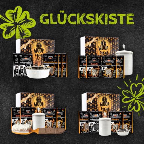 QCHEFS Glückskiste NAPF für Hunde, Schleck Napf + Aufbewahrung Box für Zahnpflege Leckerlie mit Starterset Zahnpflege bei Mundgeruch und als Zahnsteinentferner