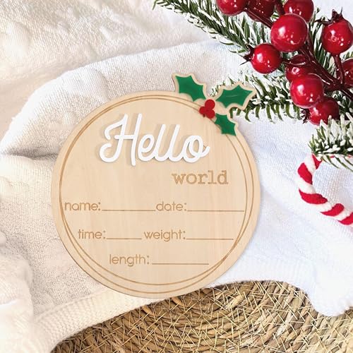 Image of Wooden inchHello World inch Baby Announcement Board - Newborn Birth Sign, Baby Shower Decor, Hospital Nursery Information Board, Baby Milestone Photo Prop, Gender Neutral Keepsake (Holly Berries Christmas)