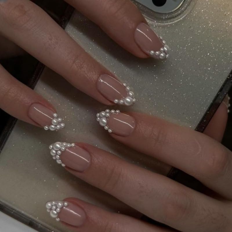 French Tip Press on Nails Medium Almond Fake Nails White Pearl Fa...