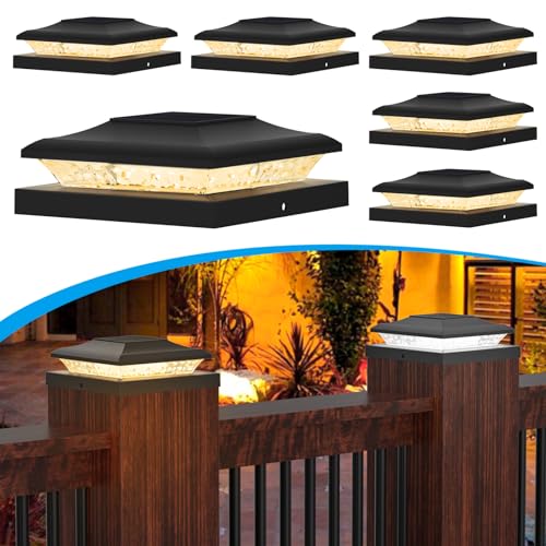 TSUNESLUX 6x6 Solar Post Cap Lights 6 Pack for Wooden Post - Fits 5.5x5.5 Wood & 5x5 Vinyl Posts, Outdoor Waterproof Fence Lights with 24 LEDs, Deck/Patio/Yard Decorations, 2 Color Modes (3000K/6000K)