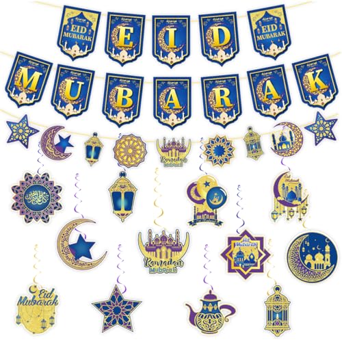 Eid Mubarak Decoration Set Blue and Gold Ramadan Banner with Lanterns Stars Moon Hanging Swirls