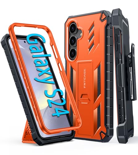 Coque Samsung S24 FNTCASE orange antichoc avec clip ceinture et béquille de protection intégrale