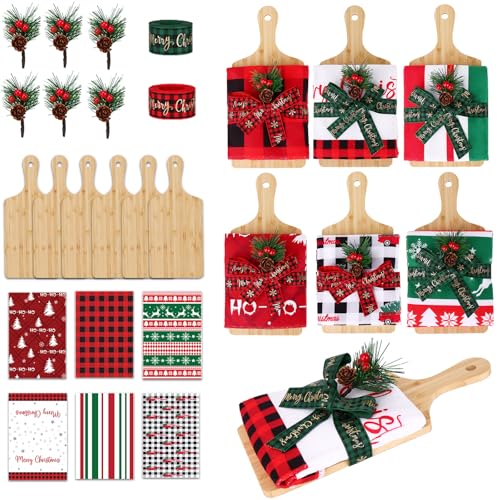 6 Sets Christmas Utensils Gifts Cutting Boards Kitchen Towels Pine