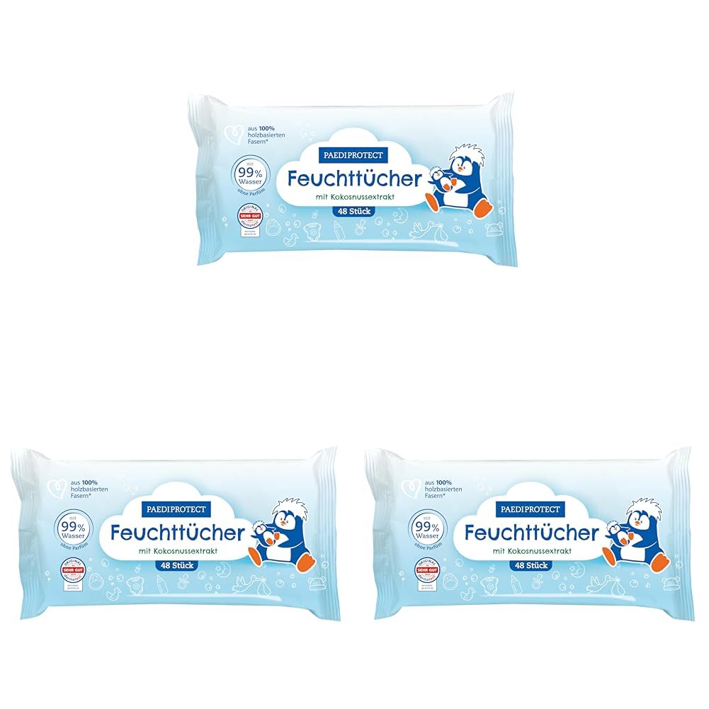 PAEDIPROTECT Feuchttücher 3 x 48 Stück, sensitive Baby Water Wipes mit 99% Wasser ohne Duftstoffe, für zarte Baby- und Kinderhaut, mit Kokosnussextrakt, ohne Mikroplastik, vegan (Packung mit 3)
