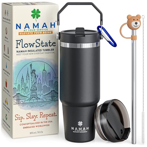 Image of Namah 890ml Insulated Tumbler with Straw, Lid & Top Handel, Leak Proof Stainless Steel Sipper Bottle, Insulated Tumbler Bottle for Hot & Cold Drinks, Travel Mug for Office, Gym, Car Cup Holder