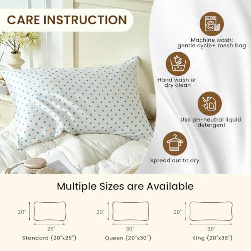 Image of THXSILK Set of 2 Mulberry Silk Pillowcase for Hair and Skin, Cooling Bed Pillow Cover with Hidden Zipper, Soft Smooth Print Silk Pillowcase Gifts for Women Men (King 20 inchx36 inch, Blue White Polka Dot)