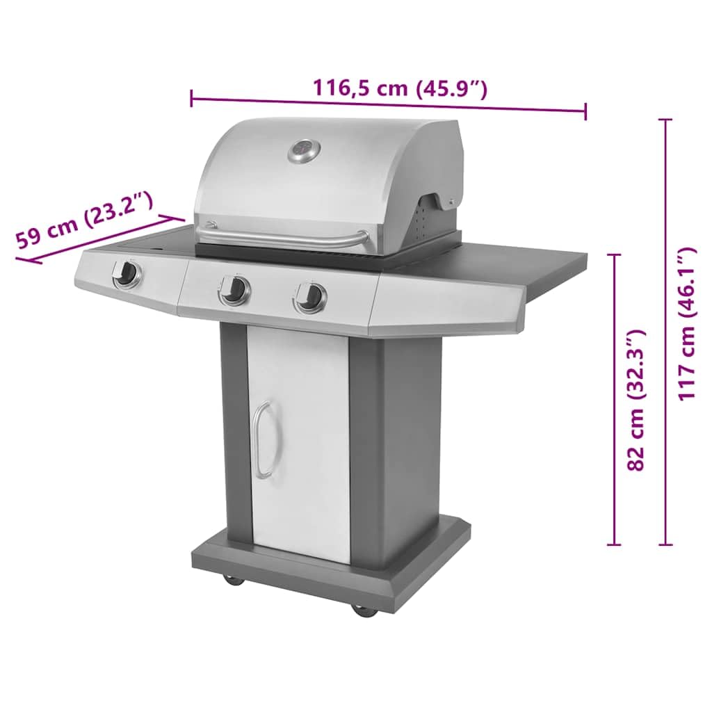 Grill gazowy 2 + 1 płomieni, czarny, srebrny, stal malowana proszkowo, stal nierdzewna, 116,5 x 59 x 117 cm, 2 strefy główne plus płyta grzewcza boczna do ogrodu, na taras, wieczór przy