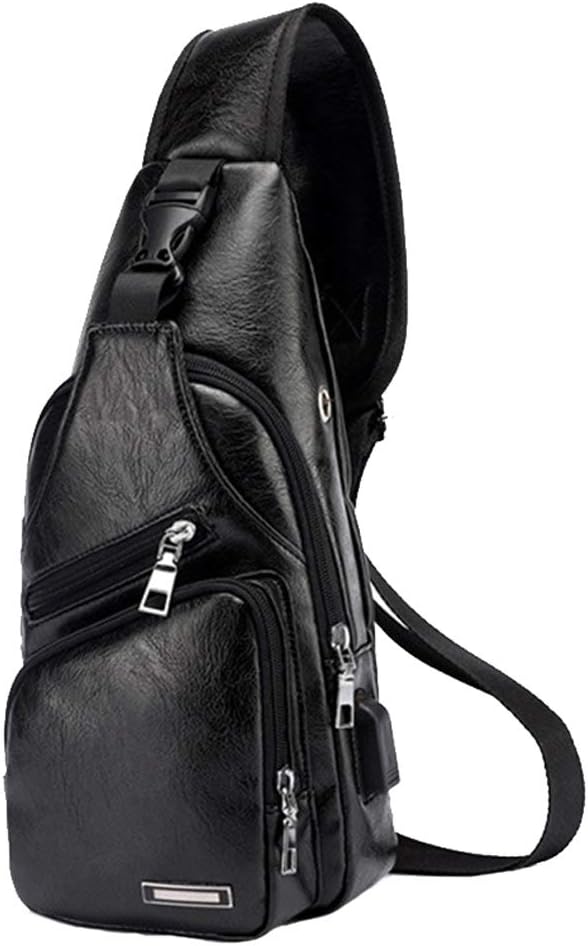Mens Sling Bag, Leather Sling Bag with USB Charging Port Waterproof Casual Daypack Chest Crossbody Bag