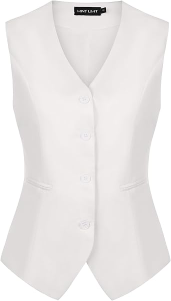 MINTLIMIT Sleeveless Waistcoat Vest for Women Button Down V-Neck Slim Fit White Vest Waistcoat, M