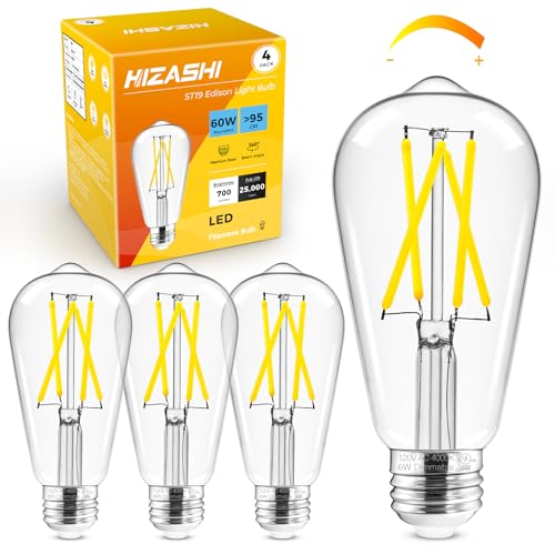Hizashi Edison Bulbs Dimmable, Vintage E26 LED Bulb 60 Watt Equivalent UL Listed, 4000K Cool White 700lm 6W 95+CRI ST58/ST19 Antique Light Bulbs with E26 Medium Base, Clear Glass, Pack of 4