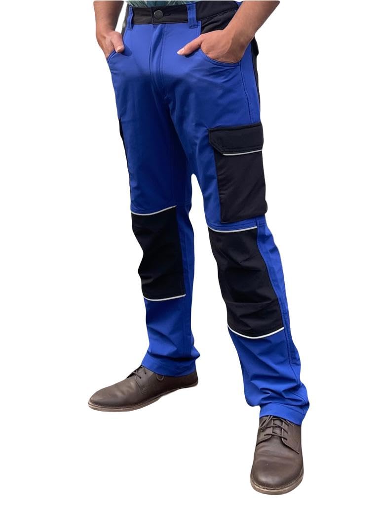 Mens Cargo Work Trousers Stretchy Elasticated Waist Multi Pockets Combat Pro Builder Tactical Pants Water Repellent Hiking Track Working Trousers Royal Blue 36W / 32L