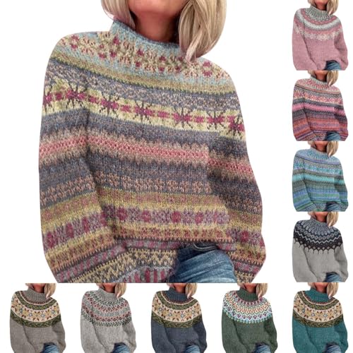 Womens Turtleneck Knitted Fair Isle Print Retro Sweater Long Slee...