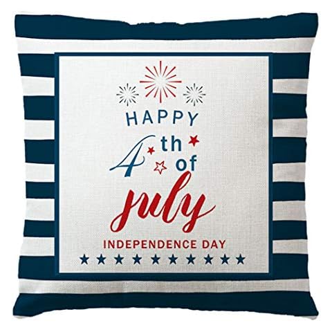 7COLORROOM Happy Independence Day Throw Pillow Covers Stripes Decor July 4th USA Patriotic Cushion Cover Farmhouse Home Decor Cotton Linen Pillowcases 18" x 18" for Sofa Couch Porch(Blue) Cover