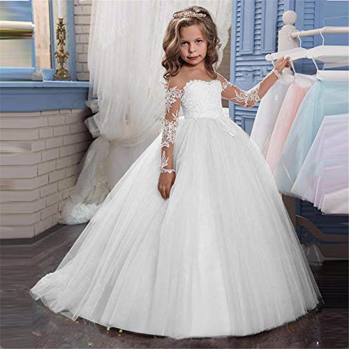 Melodycp Apliques de Encaje Niños Bordados Princesa Dama de Honor de la Boda Longitud del Piso En Capas Puffy Vestidos de Tul Flor de Las niñas Primera Comunión (Color : Blanco, tamaño : 8-9T)