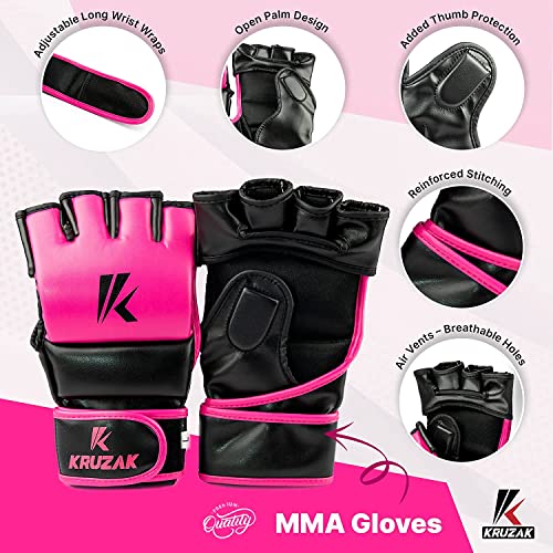 Kruzak Mma Gloves, Men And Women’s Half-Finger Boxing Mitts, Hand Wraps With Open Palms For Grappling, Kickboxing, Sanda, Sparring, Muay Thai (S/M, Pink) #TOP2