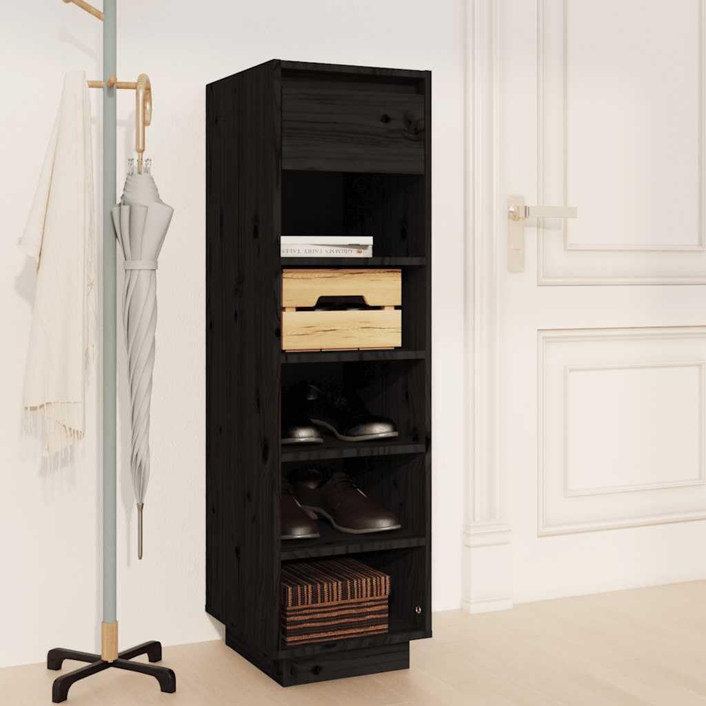 Schuhregal Schwarz aus Massivholz Kiefer 30x34x105 cm mit 5 Fächern und Schublade, platzsparend und stapelbar, für Flur, Diele, Garderobe, Sneaker und Stiefel