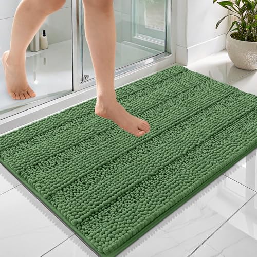Image of OLANLY Thick Bathroom Rugs 36x24, Extra Soft Absorbent Chenille Striped Bath Rugs, Rubber Backing, Machine Wash Dry, Bath Mats for Bathroom Floor, Tub and Shower, Home Decor Accessories, Olive Green
