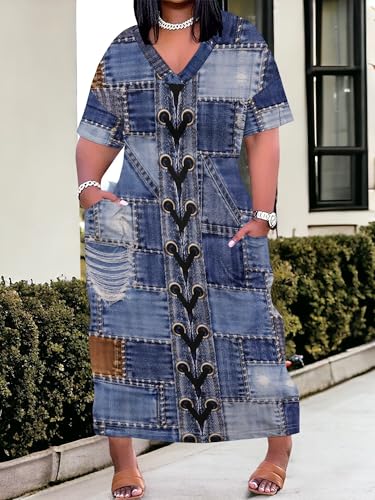 Image of SUZONANA Plus Size Denim Print Maxi Dresses for Women Casual V Neck Short Sleeve with Pockets Soft Jean Look Dress XL-6XL
