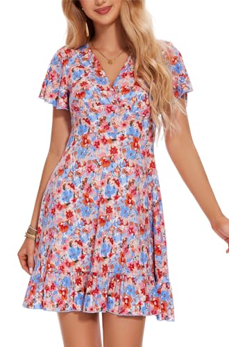 YUTILA Sommerkleider Damen Kurzarm V-Ausschnitt Kleid Blumenmuster Leicht Wickelkleid Freizeitkleider