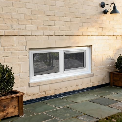 NOTASA Vinyl Basement Window, 32\" x 18\" Bathroom Sliding Window with Double Pane Insulated Tempered Glass and Fiberglass Screen for Basement, Bathroom, Shed (White)