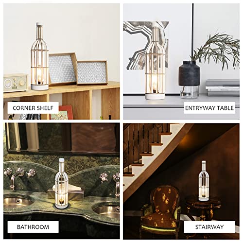 Battery Operated Table Lamps Timer, Wooden Wine Bottle Shape Decorative Lamp, Cordless Battery Powered Nightlight For Area No Plug, Emergency Lamp Tabletop/Corner/Entryway/Stairway/Bathroom (White) #TOP2