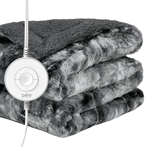 Pure Enrichment PureRadiance Luxury Heated Throw Blanket, Patented Design, Soft Faux Fur & Sherpa, 6 Heat Settings, Machine Washable, Cozy Electric Blanket for Couch or Bed Use, 50” x 60” (Smoke)