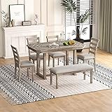 6-Piece Dining Table Set Wood Rectangular Counter Dining Table with 4 Chairs and Bench Vintage Dining Set of 6 People for Kitchen, Dinning Room (Grey)