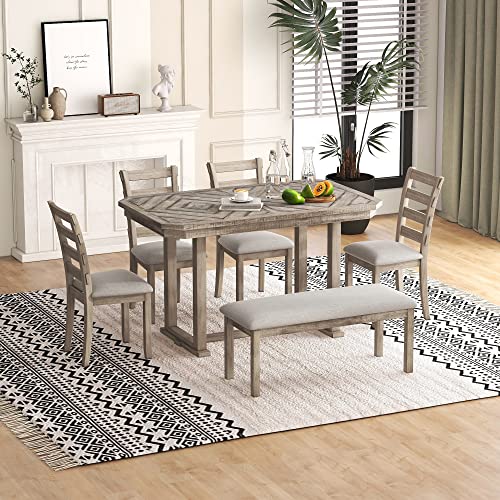 6-Piece Dining Table Set Wood Rectangular Counter Dining Table with 4 Chairs and Bench Vintage Dining Set of 6 People for Kitchen, Dinning Room (Grey)