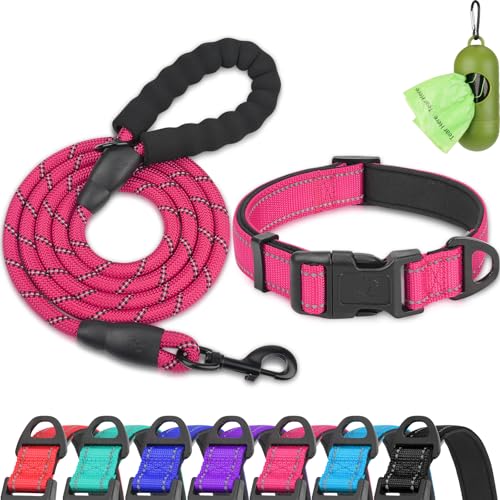Dynmeow Reflective Dog Collar and Leash Set for Large Dogs Hot-Pink