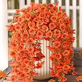 Artificial Fall Flowers for Outdoor, 4 Pcs Faux Pansy Fake Mums Plant Hanging Flowers Outdoor Fall Decor, UV Resistant No Fade Silk Flower for Front Door Porch Planter Patio Yard Garden(Orange)