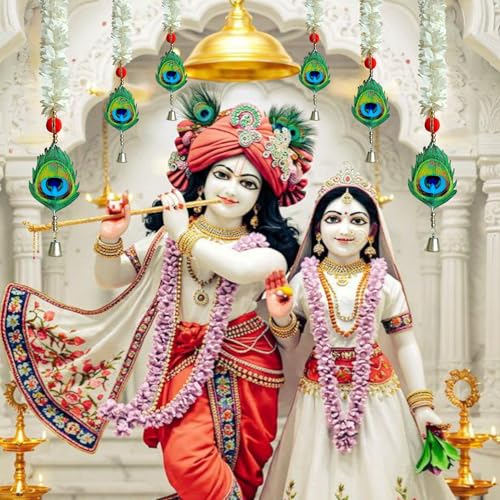 Image of Temple Decoration Item| Backdrop for Pooja Decor| Diwali Decor Item| Hanging for Home Decoration| Wall Hanging Temple| Mor Pankh gardland for Home, 21 inch| (6 Floral Pecock Feather)