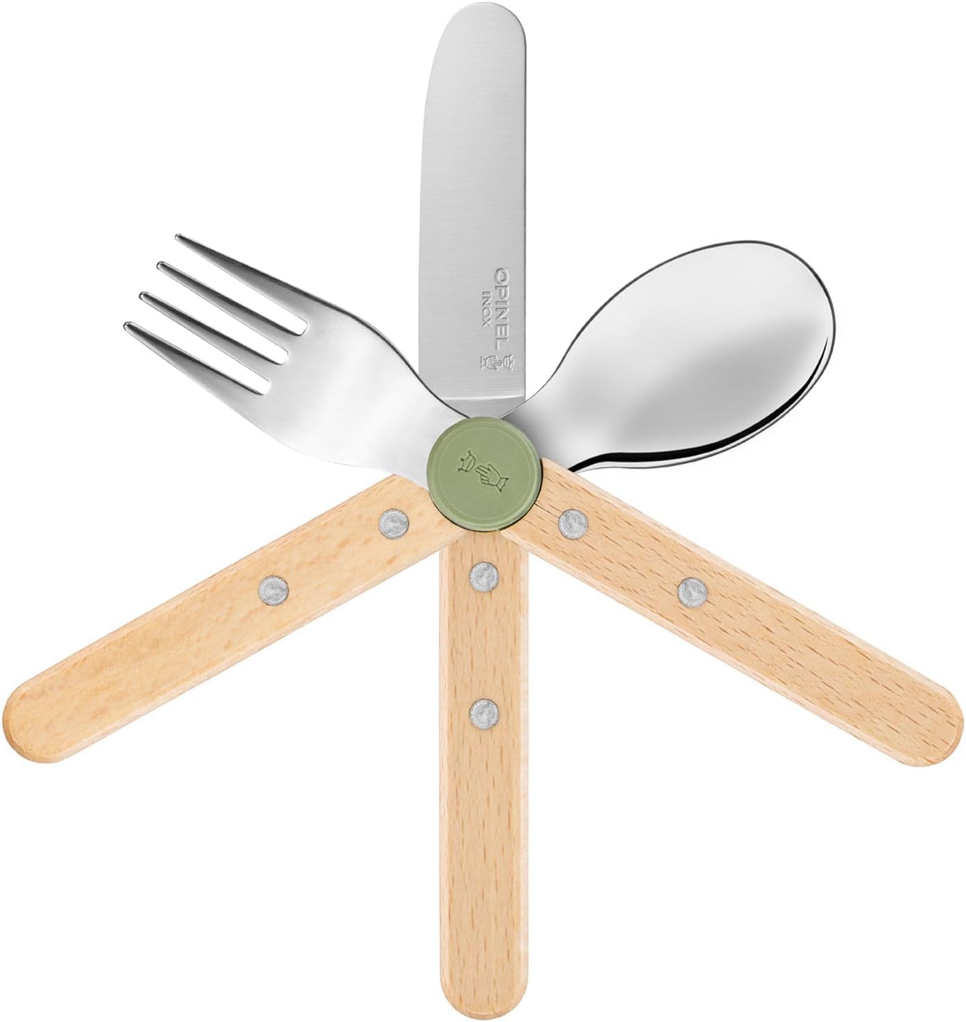 OPINEL Le Petit Gourmet Set de Couverts pour Enfants – Personnalisable avec Gravure – 4 pièces en Acier Inoxydable, idée Cadeau pour Naissance, baptême ou Anniversaire (Vert Olive)
