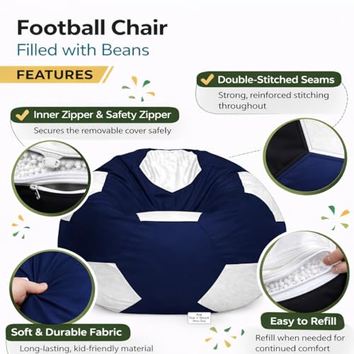Image of RnS Rest 'n' Sleep Faux Leather Football Bean Bag Filled with Beans | Bean Bag Sofa Chair for Adults & Kids | Home, Office & Restaurant | Capacity Up to 90kg | 1 Year Warranty (White /Navy Blue, XXXL)