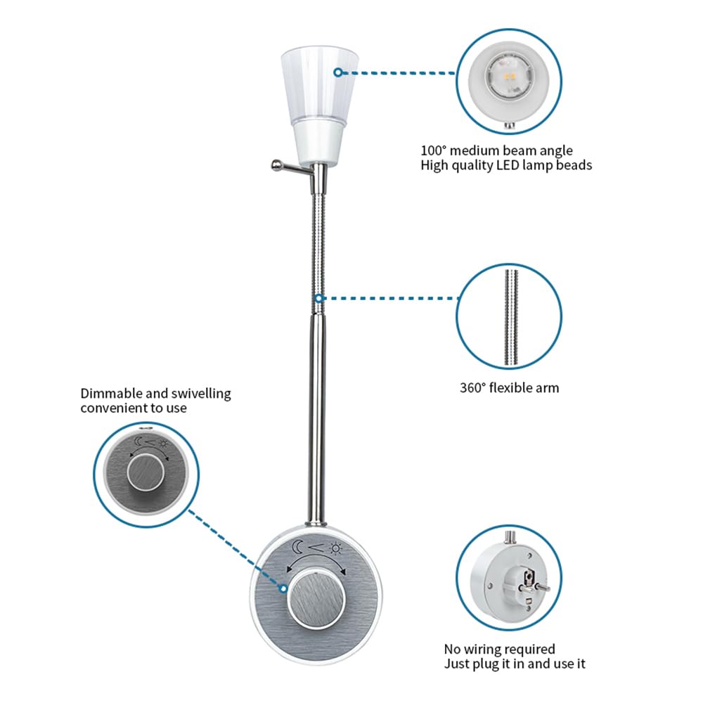 Dimmbare LED Steckdosenlampe, Leselicht, Leselampe nickel gebürstet, 2W, Steckerleuchte mit Schwanenhals flexibel warmweiß 2700K