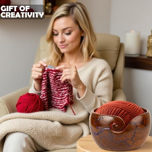 Image of Wooden Yarn Bowl for Crocheting, 7x4 inch Large Crochet Holder Gift Accessories and Knitting Gadgets Supplies Handcrafted with Fractal Wood Burning & Purple Resin Inlay ( Purple 7x4 )