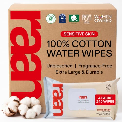 Image of Raan, 100% Cotton Baby Wipes, Unbleached, 99% Purified Water, Unscented, EWG verified, For Extra Sensitive Skin, Naturally Soft and Durable, 4 pack, 240 Count