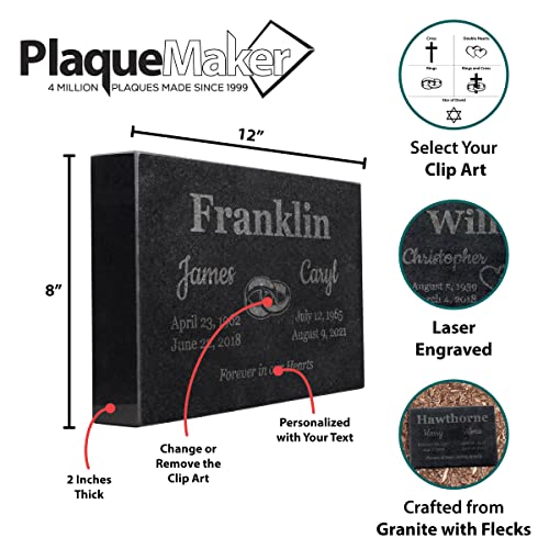 Image of PlaqueMaker Black Granite Memorial Headstone for Two Lost Loved - Great for Your Garden, Tree Dedication, or in a Cemetery. Includes Your Text and Select Clipart (12 x 8 x 2)