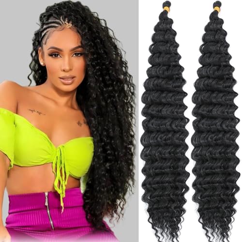 Long Deep Wave Braiding Hair Ocean Wave Crochet Hair 2 Packs Wet and Wavy Hair for Boho Braids Synthetic Curly Hair Extensions Natural Black Hairstyle (24 Inch, 1B#)