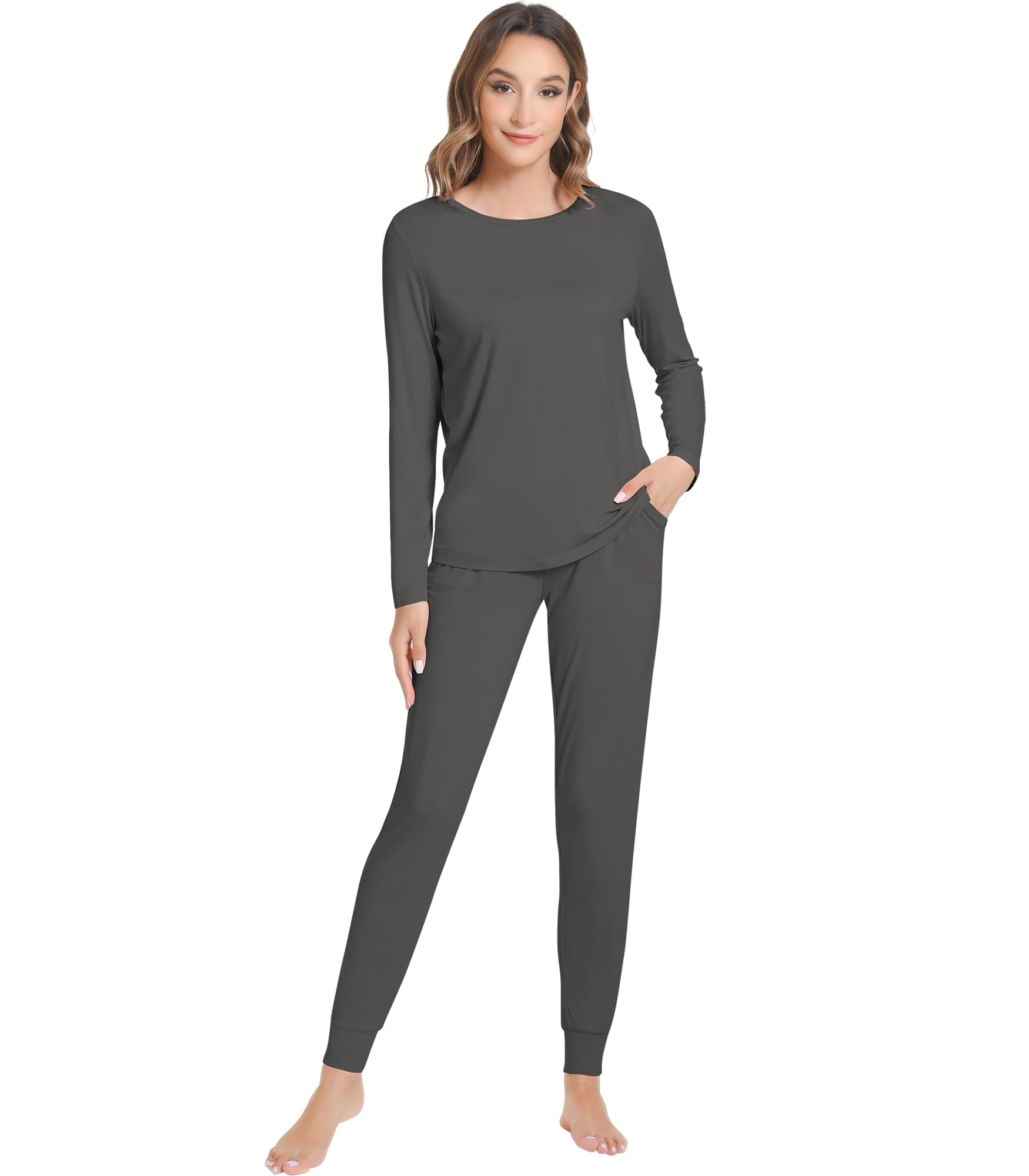 NACHILA Pajamas for Women-Viscose Made from Bamboo Long Sleeve Pajama Sets Crew Neck Pj with Joggers Pants Soft
