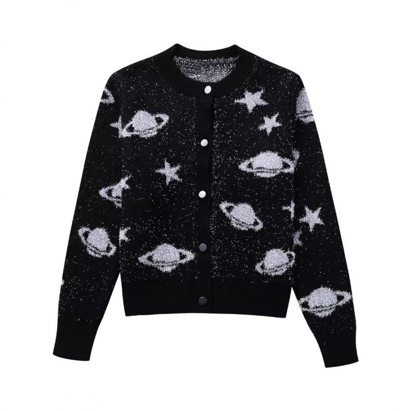 CosSky Womens Knitted Cardigan Sweater Planet Print Metallic Thread Knitted Jacket Sweatshirt