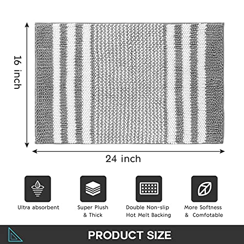 Bathroom Rug Mat, 24 x 16 Inch Extra Thick Chenille Bath Mat Rug Non Slip, Soft Absorbent Bathroom Floor Mats Rugs, Machine Washable (Grey)