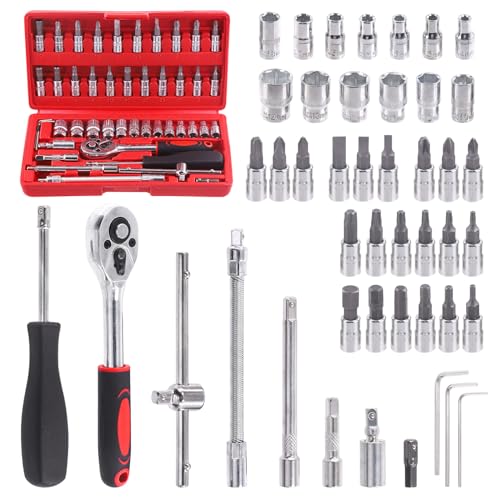 Swpeet Juego de 46 llaves de trinquete de 1/4 pulgadas y enchufe de broca con kit surtido de estuche de almacenamiento, barra métrica y de extensión para reparación de automóviles y hogar