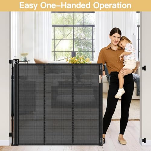 Reinforced 42\" Extra Tall Pet Gate 55\" Wide Retractable Baby Gate with Support Rods - Retractable Dog Gate Indoor/Outdoor Retractable Gate, Bottom Anti-Escape Tall Dog Gates for Doorways, Black - Thumbnail 5