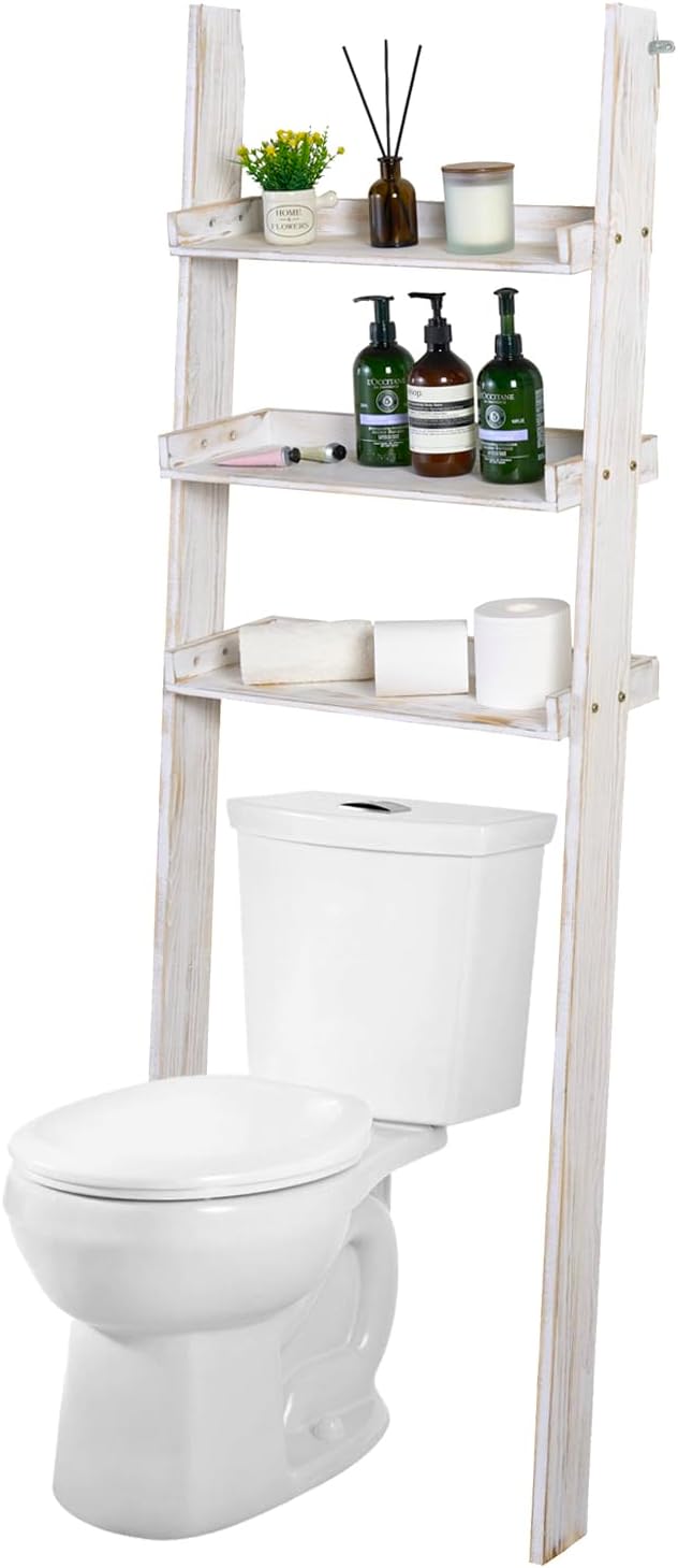 MyGift 5.5 Foot Tall Shabby White Washed Solid Wood Over The Toilet Decorative Ladder Standing Shelf, 3 Tier Bathroom Organizer Leaning Storage Shelves Rack Stand Whitewashed