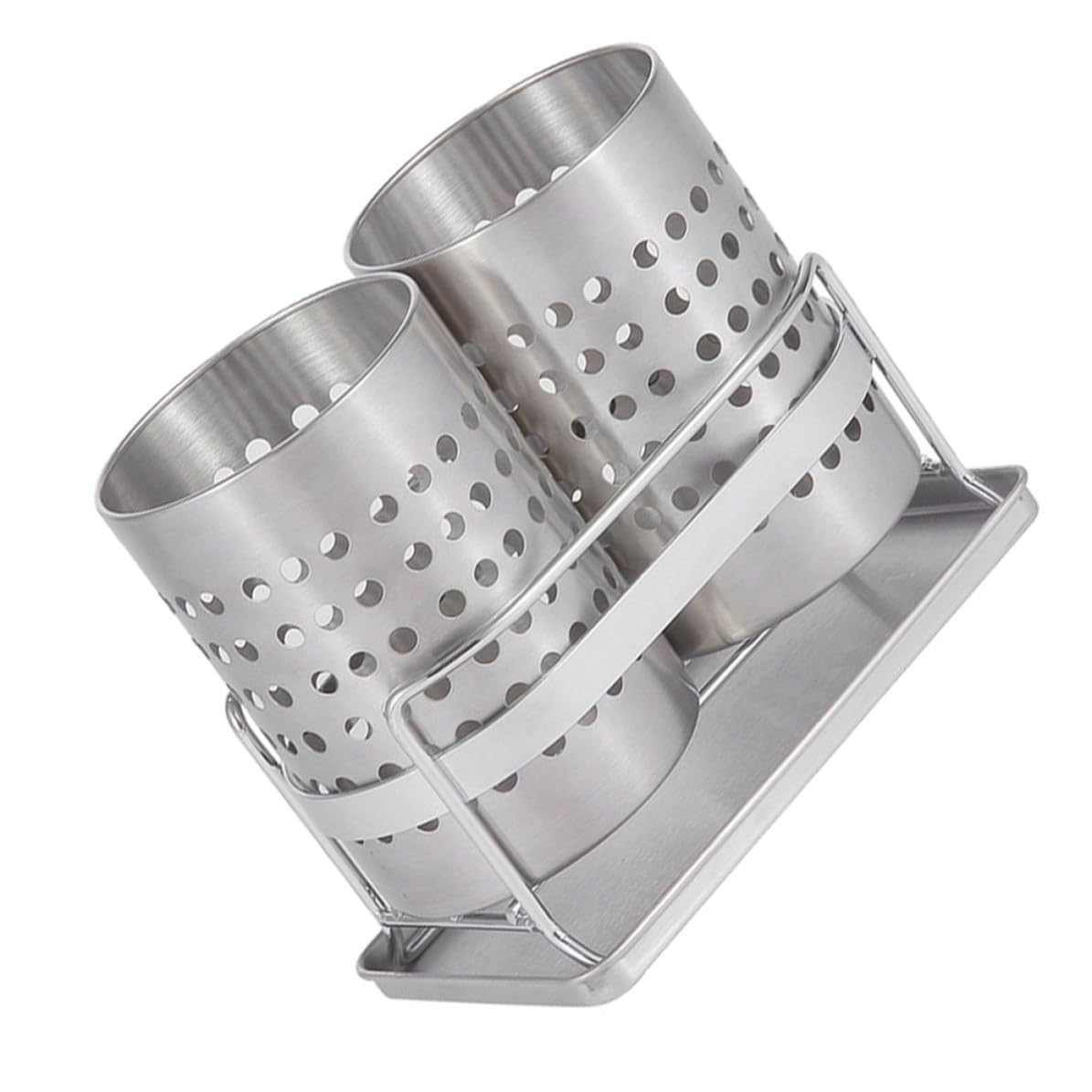 HEMOTON Porta Utensilios de Cocina de Acero Inoxidable, Escurridor | Dos Cilindros Grandes, Plata, Diseño Orificios y Drenaje, para Palillos y Cubiertos