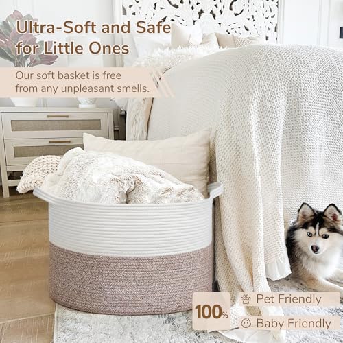 Image of INDRESSME Large Blanket Basket, Laundry Toy Storage Baskets, Decorative Woven Basket for Living Room & Nursery, Baskets for Gifts Empty, Laundry, Dog Toys, Towels, White & Brown, 19.7 inch D x 12.6 inch H